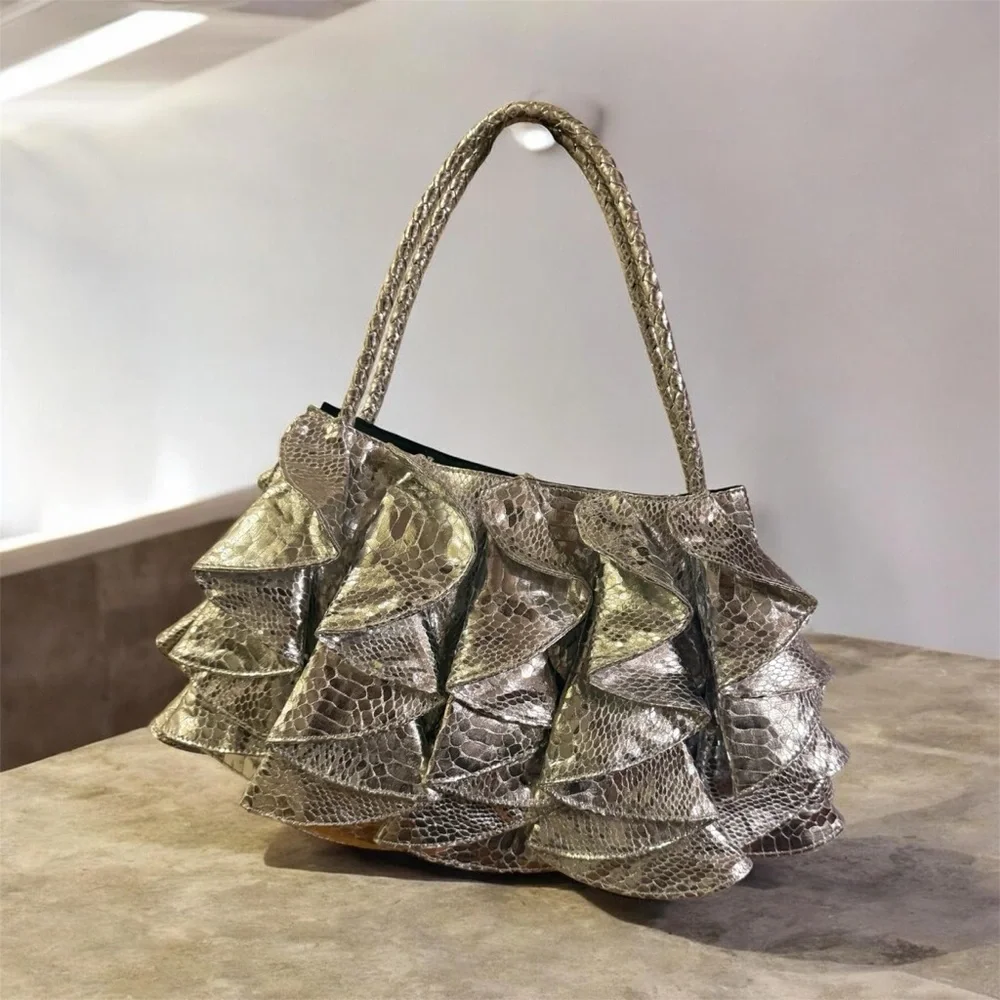 Sandra Robert’s. Metallic Silver Ruffled Shoulder Bag